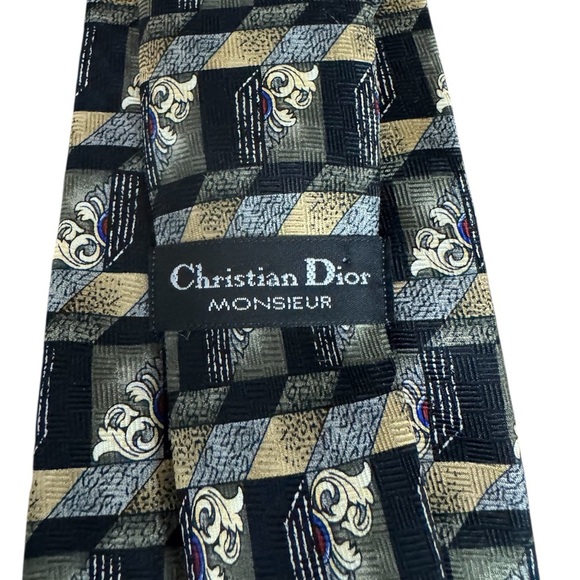 CHRISTIAN DIOR - Menโs Vintage Silk Patterned Tie - Black/ Gold/ Grey - Picture 4 of 4